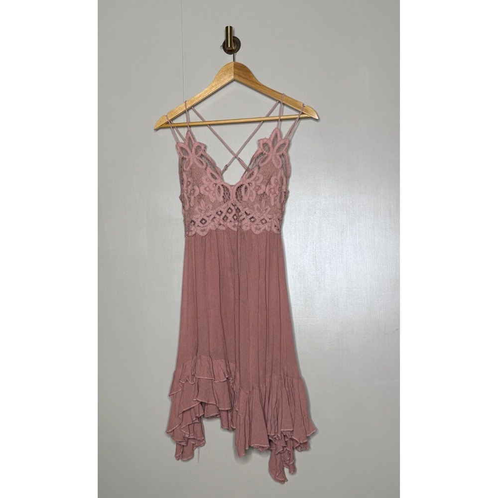 Free People Adella Mini Dress Pink Boho Lace Crochet Handkerchief Hem S